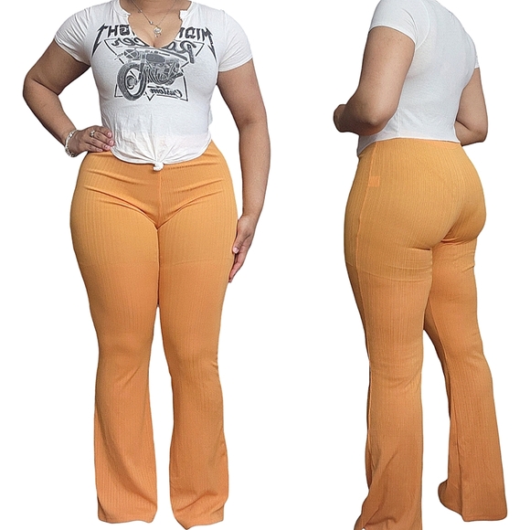 Pants - ❤️Neon Orange Ribbed Flare Sheer Yoga Pants☆